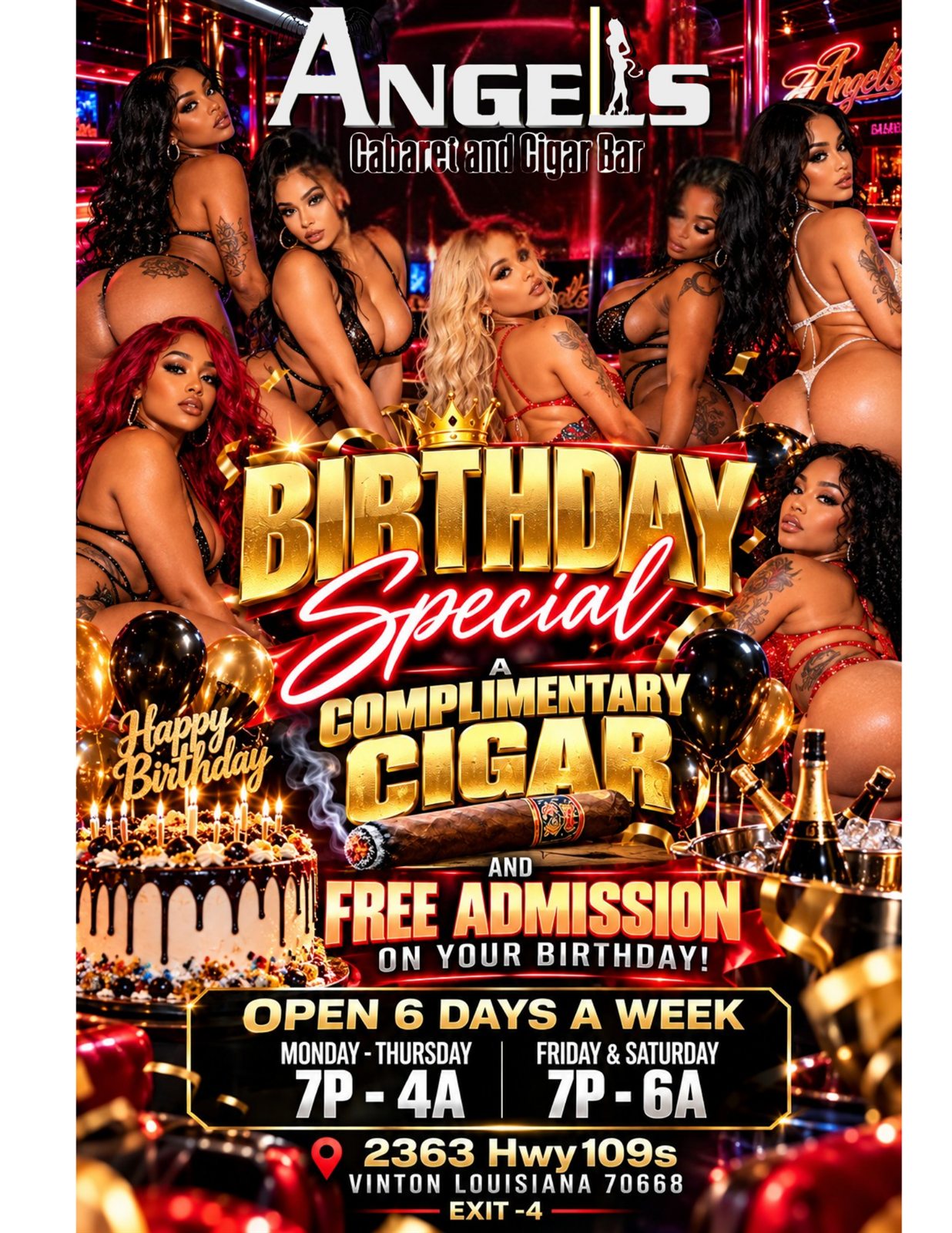 Birthday special flyer: complimentary cigar and free admission